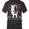 Black Cat Riding Llama Christmas Light And Santa Hat T-Shirt