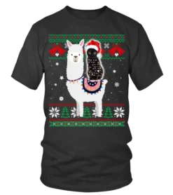 Black Cat Riding Llama Christmas Light And Santa Hat T-Shirt