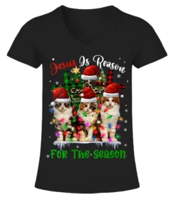 Womens Cats Jesus Is Reason For The Season Christmas Ugly Sweater V-Neck T-Shirt