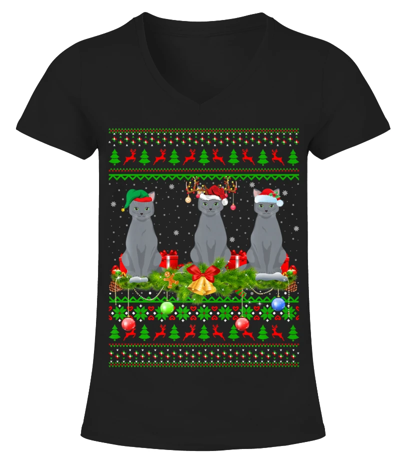 Xmas Lighting Reindeer Santa Ugly Russian Blue Cat Christmas Premium T-Shirt